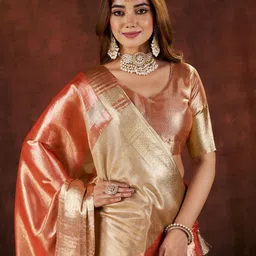 100 Dreams Woven Design Zari Organza Banarasi Saree With Blouse-picture-3