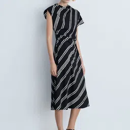 MANGO Diagonal Stripes Ruched Effect Cowl Neck A-Line Midi Dress-picture-17