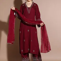 Anouk Ethnic Motifs Embroidered Regular Straight Kurta with Palazzos & Dupatta-6