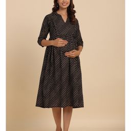 CRAFIQA Three Fourth Sleeves Abstract Printed Maternity Dress With Concealed Zipper Nursing Access - Black image 4