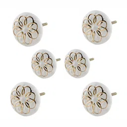 Indianshelf 6-Pcs White & Yellow Floral Printed Ceramic Knobs-47
