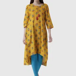 Span Yellow Cotton Floral Print A Line Kurta-image-86