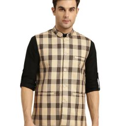 Sojanya Beige & Brown Checks Nehru Jacket-image-5