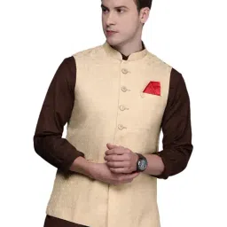 Manyavar Beige Regular Fit Self Pattern Nehru Jacket-image-43