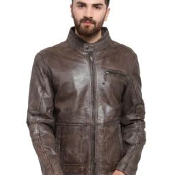 Teakwood Leathers Brown Mandarin Collar Leather Jacket-image-83