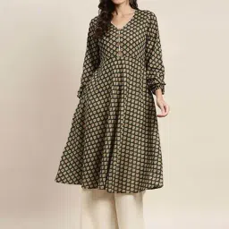 Jompers Green Cotton Printed A Line Kurta-image-19