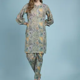 all about you Guldasta Olive Green Floral Printed Notch Neck Tunic With Trousers-image-82