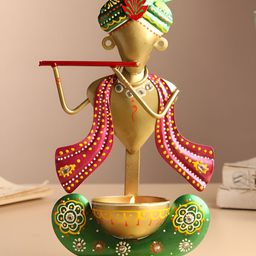 HABERE INDIA Gold-Toned & Pink Krishna Statue Tea Light Candle Holder-24