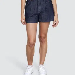 Wrangler Navy Blue Cotton Solid High Rise Shorts-image-100