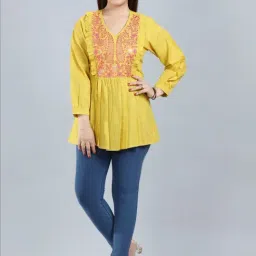 Cotton Culture Mustard Cotton Embroidered A Line Short Kurti-image-3