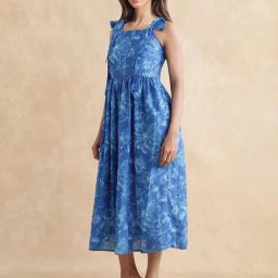 RAREISM Blue Linen Printed Sleeveless Dress-picture-16
