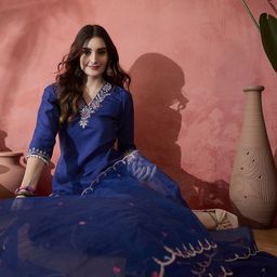 Sangria Blue Floral Embroidered V-Neck Sequinned Straight Kurta With Trousers And Dupatta-53