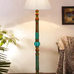 Devansh Off White & Blue Frustum Shaped Wooden Traditional Floor Lamp-image-66