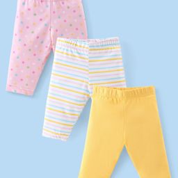 Babyhug Cotton Lycra Three Fourth Length Leggings Dot & Stripes Print Pack Of 3- Yellow & Pink-image-18