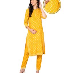 Zelena Three Fourth Sleeves Ethnic Motif Foil Printed Kurta Pant - Yellow-image-62