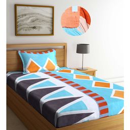 Arrabi Blue Geometric TC Cotton Blend Single Size Fitted Bedsheet with 1 Pillow Cover - Multicolour-image-87