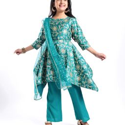 Pine Kids Woven Half Sleeves Floral Embroidered Kurti Churidar Set with Dupatta - Teal Green-image-89