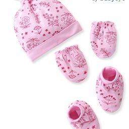 Babyoye 100% Cotton Eco Conscious  with Eco Jiva Finish Solid Dyed Caps Mittens & Booties Set Floral Print - Pink-image-81