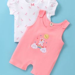 ToffyHouse Dungaree Style Romper with Half Sleeves Inner Tee Unicorn Print - Peach & White-image-42