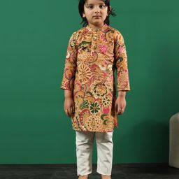 READIPRINT Full Sleeves Floral Printed Cotton Kurta With Pyjama  - Brown-picture-34