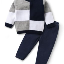 Babyhug Knitted Full Sleeves Sweater Set With Color Block Design - Navy Blue-image-12