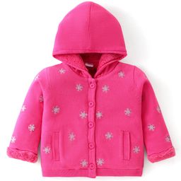 Babyhug Knitted Full Sleeves Front Open Hooded Sweater with Snowflake Design - Fuchisa-picture-14