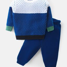 Babyhug Knitted Full Sleeves Colourblock Sweater Set  - Blue White & Green-image-48