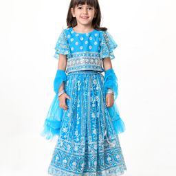 Babyhug Woven Half Sleeve Sequined Choli With Floral Embroidered Lehenga and Frill Net Dupatta - Blue-picture-19