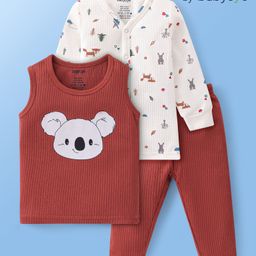 Babyoye Cotton Knit Full Sleeves Drop Needle Thermal Wear Set Koala Bear Print - Maroon & White-image-2