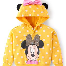 Babyhug Disney Cotton Knit Hooded Sweatshirt With Minnie Mouse Graphics & Sequin Bow Embroidery Detailing - Yellow-image-42