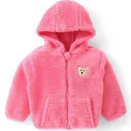 Babyhug Woven Full Sleeves Front Open Hooded Fur Jacket With Bear Embroidery Detailing - Pink-image-91