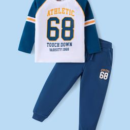 Babyhug Cotton Knit Raglan Sleeves T-Shirt & Lounge Pants Set With Varsity Theme Print - Multicolor-image-103