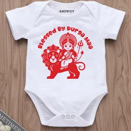 KNITROOT Durga Theme Half Sleeves Blessed By Maa Durga Text Printed Onesie - White-picture-22