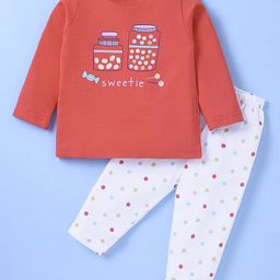 Zero Sinker Knit Full Sleeves T-Shirt & Lounge Pant Set With Text & Polka Dot Print - Red-picture-13
