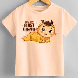 KNITROOT Diwali Theme Half Sleeves Its My First Diwali Text Printed T-Shirt - Peach-picture-21