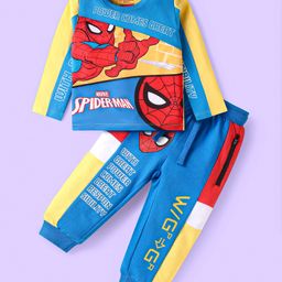 Babyhug Marvel Single Jersey Knit Full Sleeves Cut & Sew Spider Man Printed T-Shirt & Joggers Set - Blue Yellow & Red-image-64