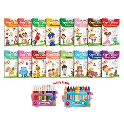 My First Copy to Colour - Alphabet, Animals, Birds, Cartoons, Colours, Monster & more with 12 WATER COLOUR SKETCH PEN & 10 COLOUR PENCILS : Colour book for children | Combo of 16 Copy to Colour Books-1