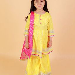 Little Ginnie Three Fourth Sleeves Gotta Lace Embellished Kurta Sharara & Bandhani Designed Dupatta Set - Yellow-picture-23