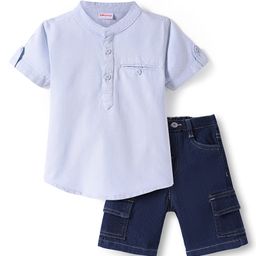 babyhug Babyhug Cotton Oxford Half Sleeves Solid Color Kurta Style Shirt & Denim Shorts Set - Blue-picture-22