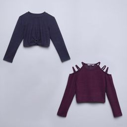 Taffykids Pack Of 2 Full Sleeves Solid Crop Tops - Purple & Blue-image-106