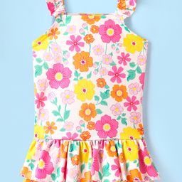 Babyhug Sleeveless Water Repellent Frock Swimsuit With Floral Print - White-image-77