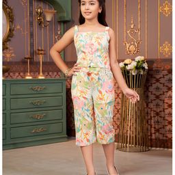 Aarika Cotton Woven Sleeveless Floral Printed Coordinating Top & Capris Set - Off White-image-94