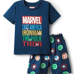 Babyhug Marvel 100% Cotton Half Sleeves Night Suit With Avengers Graphics - Navy Blue-image-54