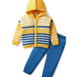 Babyhug Full Sleeves Hooded Front Open Sweater Set With Stripes Design - Golden & Blue-image-28