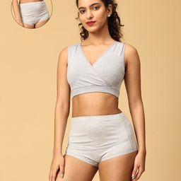 The Mom Store Cotton Sleeveless Solid Nursing Sleeping Maternity Bra & Overbelly Support Panties - Grey-image-99