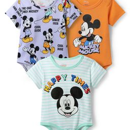 Babyhug Disney Interlock Knit Half Sleeves Onesies with Mickey Mouse and Family Graphics Pack of 3 - Mustard & Lavender-image-83