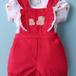 ToffyHouse Corduroy Woven Dungaree & Half Sleeves Inner Tee With Teddy Bear Print & Embroidery - Red & White-image-34
