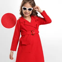 Hola Bonita Knit Full Sleeves Solid Textured Fabric Dress With Belt - Red-picture-44