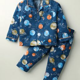 Doreme Cotton Knit Full Sleeves Co-ords Night Suit with Space Theme Print -Navy Blue-image-90