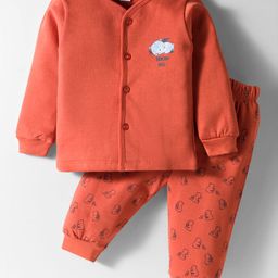 Tango Fleece Knit Full Sleeves Front Open Winter Night Suit With Animal Print - Rust Orange-picture-33
